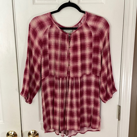 Anthropologie Maeve Cavalon Peplum Plaid Blouse Magenta Off-White L - Picture 2 of 10